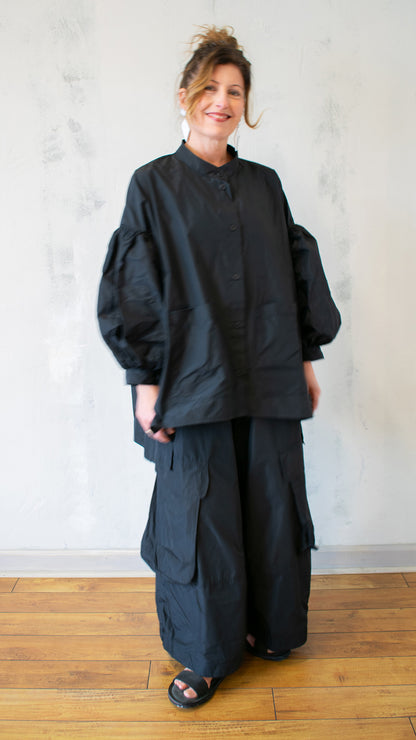 Pillow Sleeve Taffeta Button Up