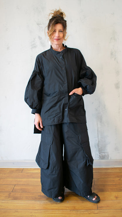 Pillow Sleeve Taffeta Button Up