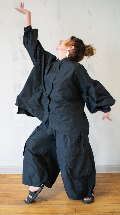 Pillow Sleeve Taffeta Button Up