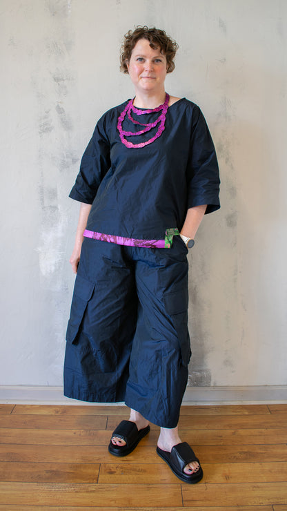 Taffeta Contrast Hem Navy Pullover