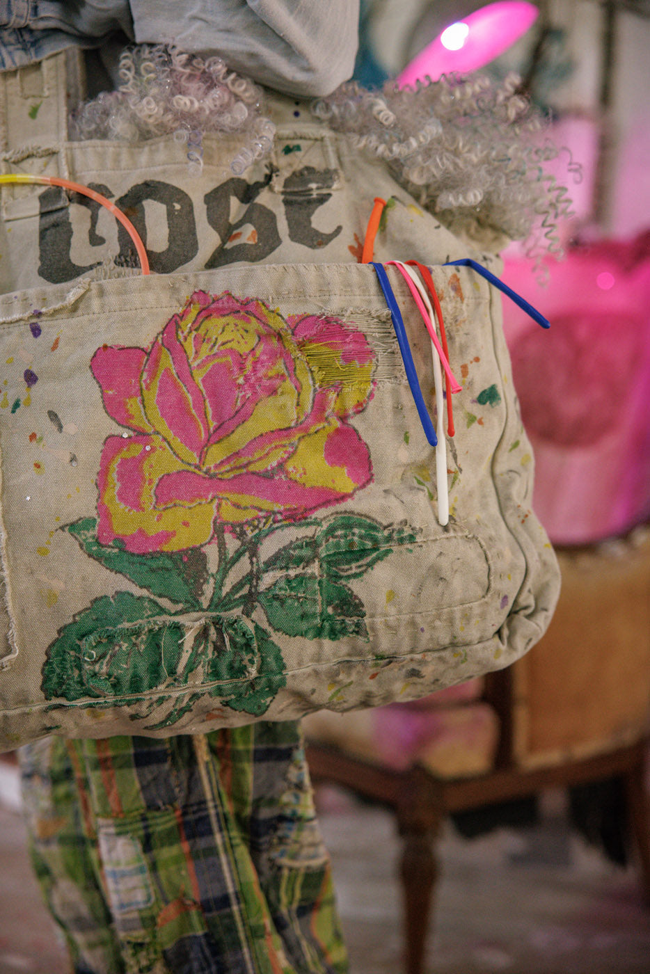 Hand Painted Rose tote bag in Ash