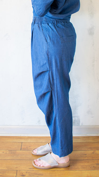 Straight-Leg Denim Trousers with Elastic Waist