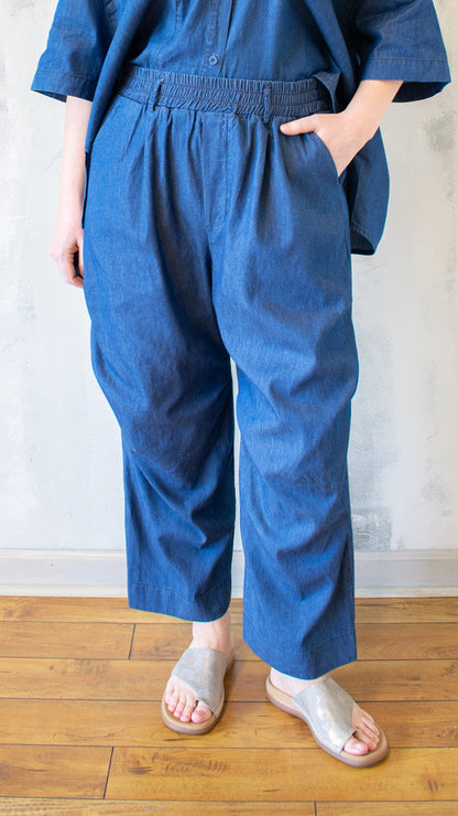 Straight-Leg Denim Trousers with Elastic Waist