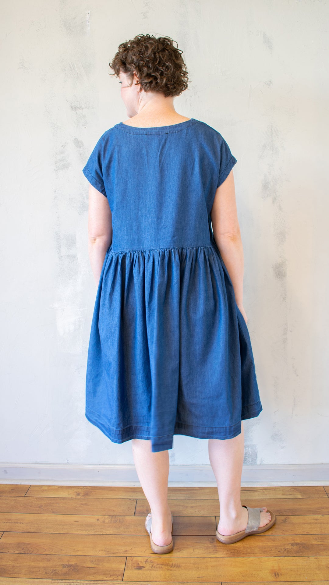 Denim V-Neck Dress with Cap Sleeves