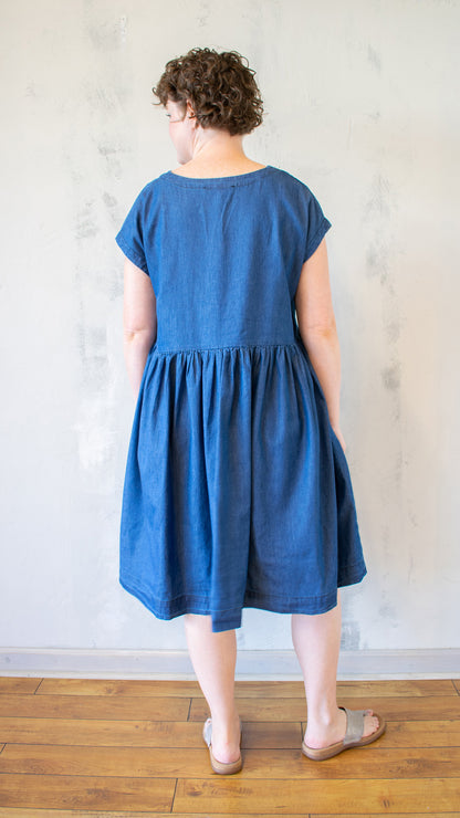 Denim V-Neck Dress with Cap Sleeves