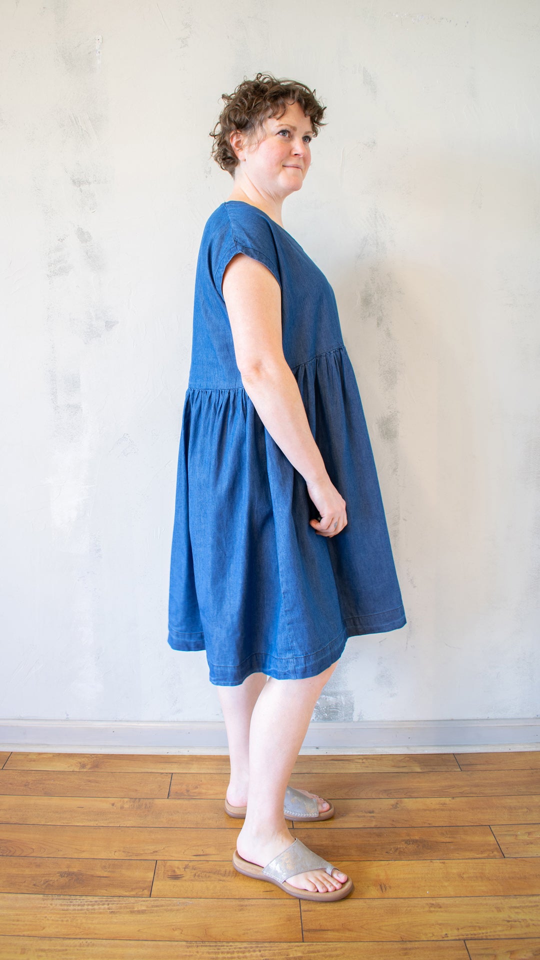 Denim V-Neck Dress with Cap Sleeves