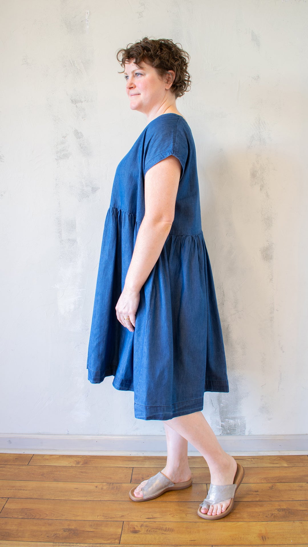 Denim V-Neck Dress with Cap Sleeves