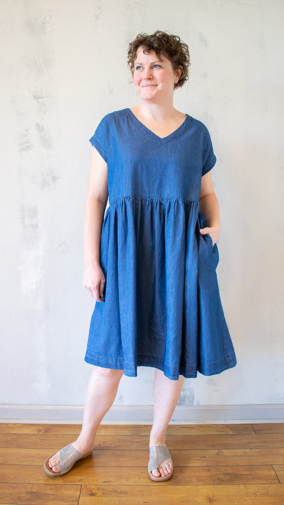 Denim V-Neck Dress with Cap Sleeves