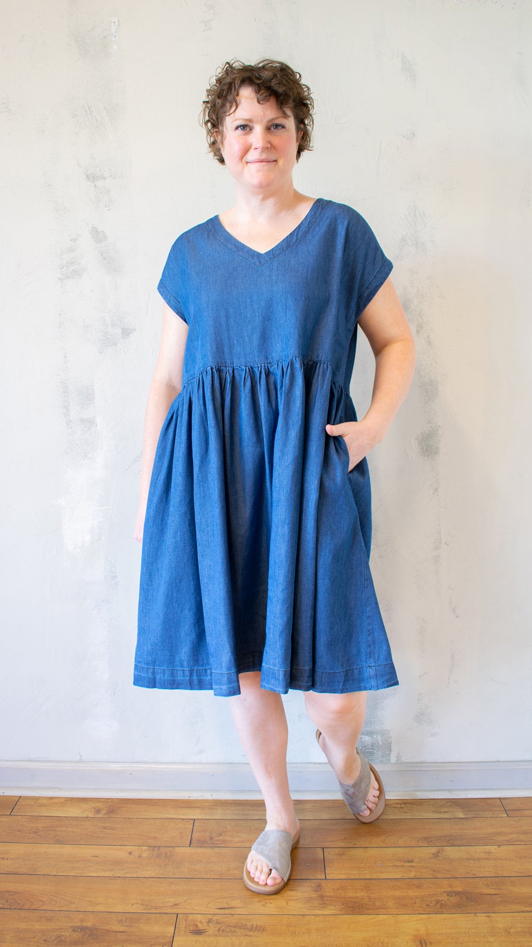 Denim V-Neck Dress with Cap Sleeves