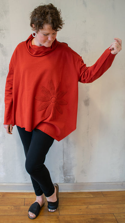 Cowl Flower Sweatshirt Pullover in Red