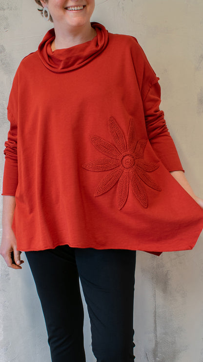Cowl Flower Sweatshirt Pullover in Red