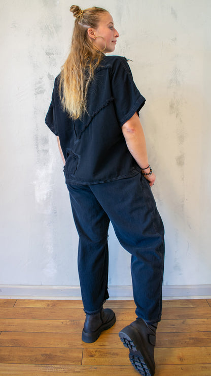 Button Front Short Sleeve Jacket in Midnight