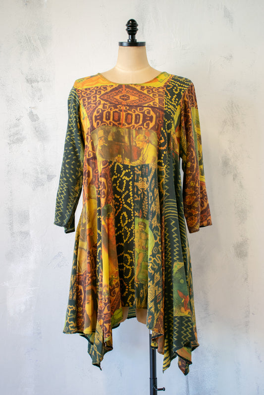 URU; Printed Silk Tunic in Gold