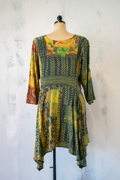 URU; Printed Silk Tunic in Gold