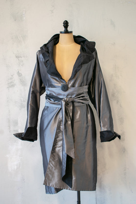 Reversible Evening Coat in Silver and Textured Black with Detached Belt