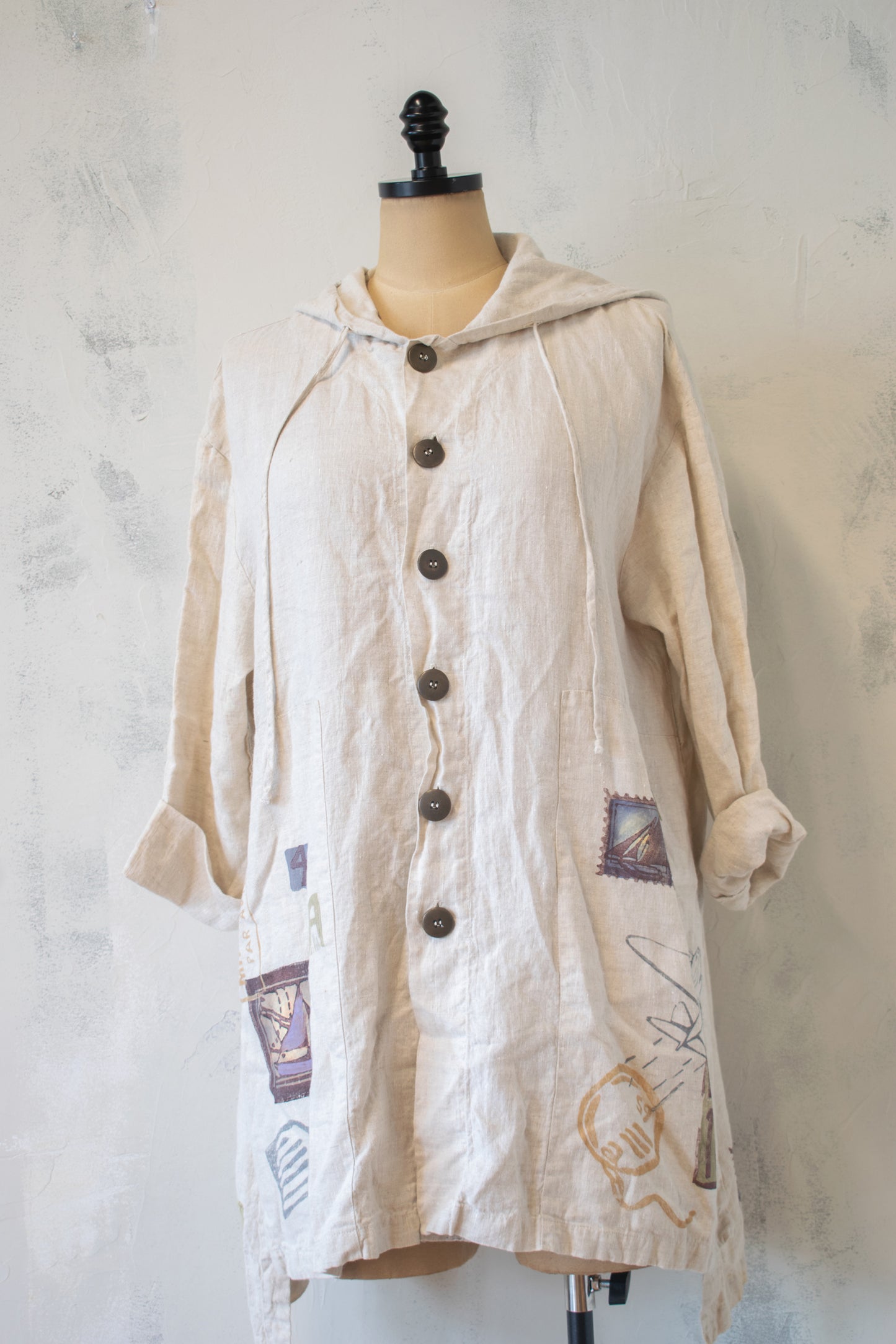 Blue Fish; Linen Jacket with Appliqué and Hand Painted Details