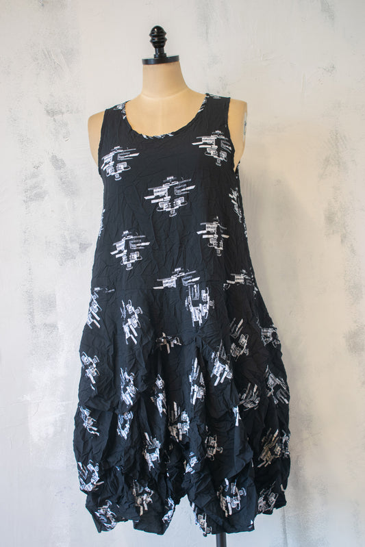 Comfy; Black with White Printed Tunic Dress
