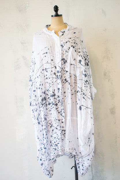 Banana Blue; Linen Tunic in Deep Navy/Black Splatter