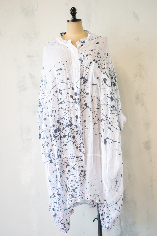 Banana Blue; Linen Tunic in Deep Navy/Black Splatter