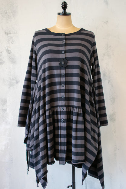 PLU Stripe Ruffle Hem Lightweight Sweatshirt with Buttons