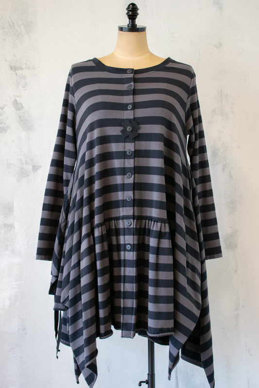 PLU Stripe Ruffle Hem Lightweight Sweatshirt with Buttons