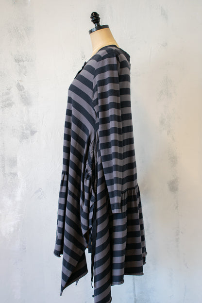 PLU Stripe Ruffle Hem Lightweight Sweatshirt with Buttons