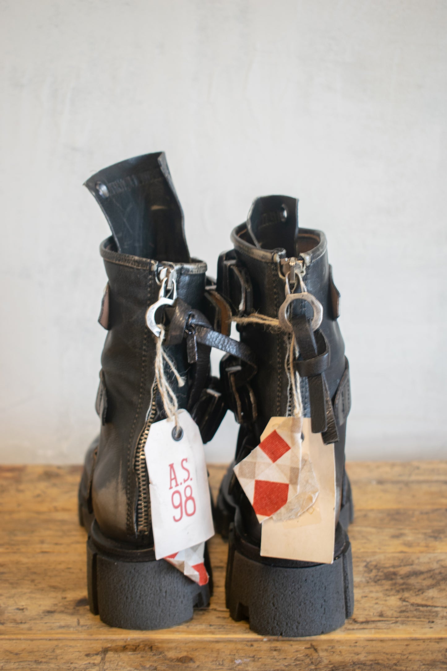 AS98; NWT; Hamish Boot in Distressed Black with Silver