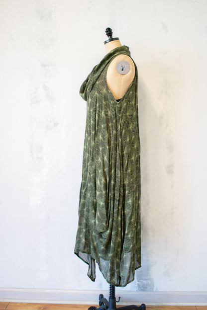 Dress to Kill; Green Print Shawl Collar Sleeveless Dress with Slip