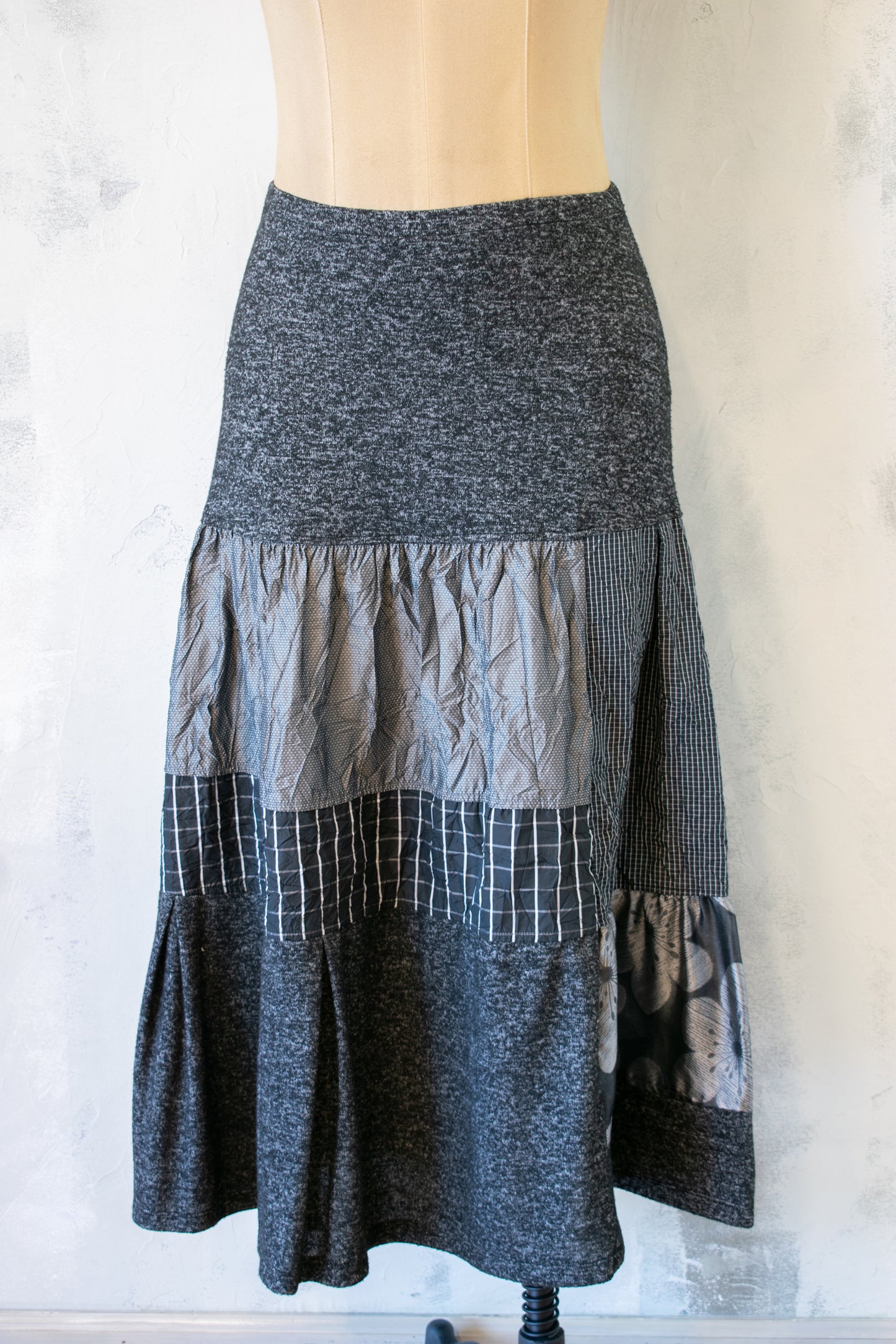 Alembika; Knit Skirt with Silver and Grey Tiers