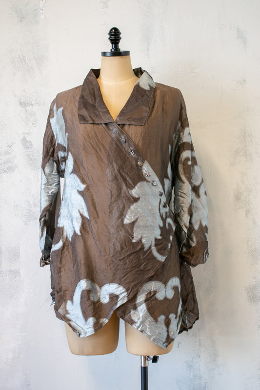 Krista Larson; Cross Button Shirt in Brown and Blue Silver