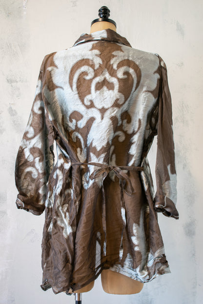 Krista Larson; Cross Button Shirt in Brown and Blue Silver