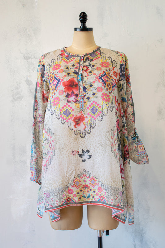 Johnny Was Silk Tunic w Button Sleeve