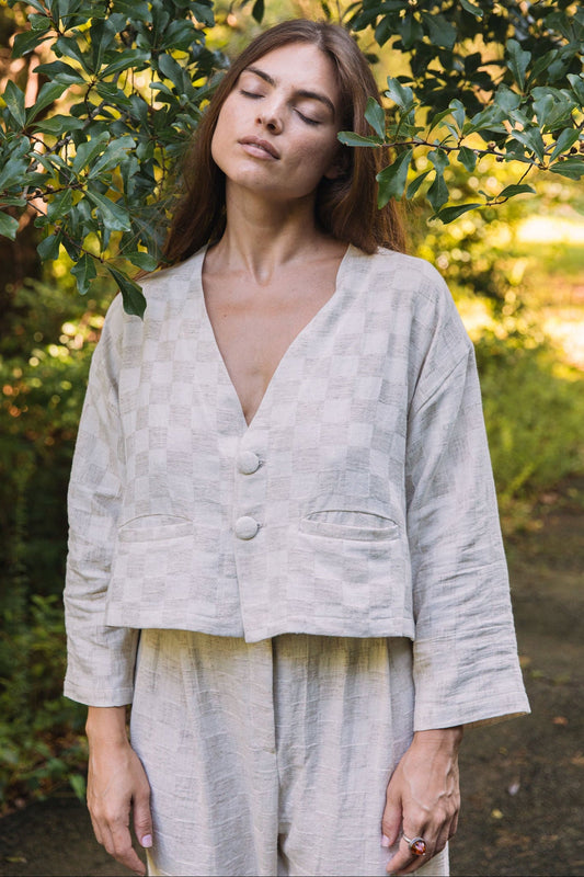 Artisan Handwoven Hemp Jacquard Vented Crop Blazer