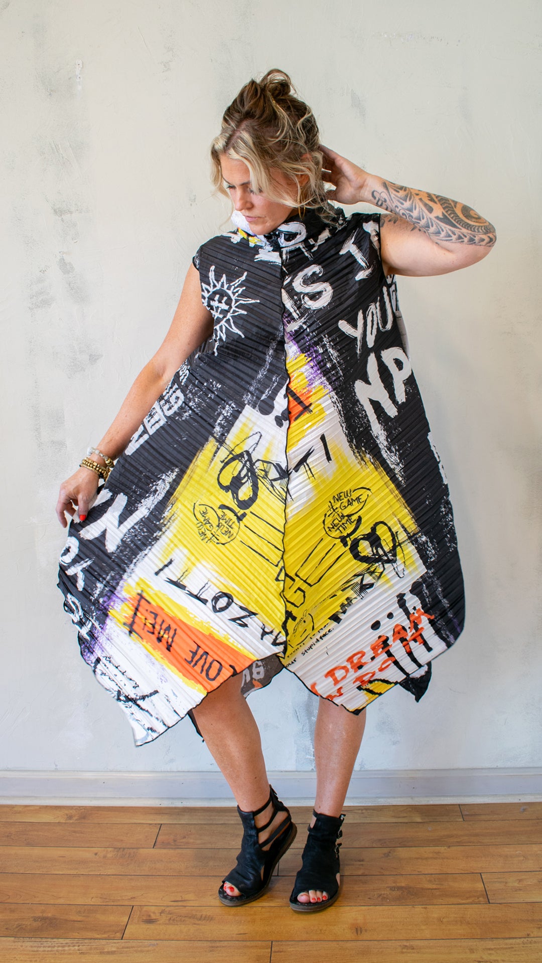 Graffiti Pleat Tunic Dress in White