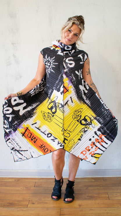 Graffiti Pleat Tunic Dress in White