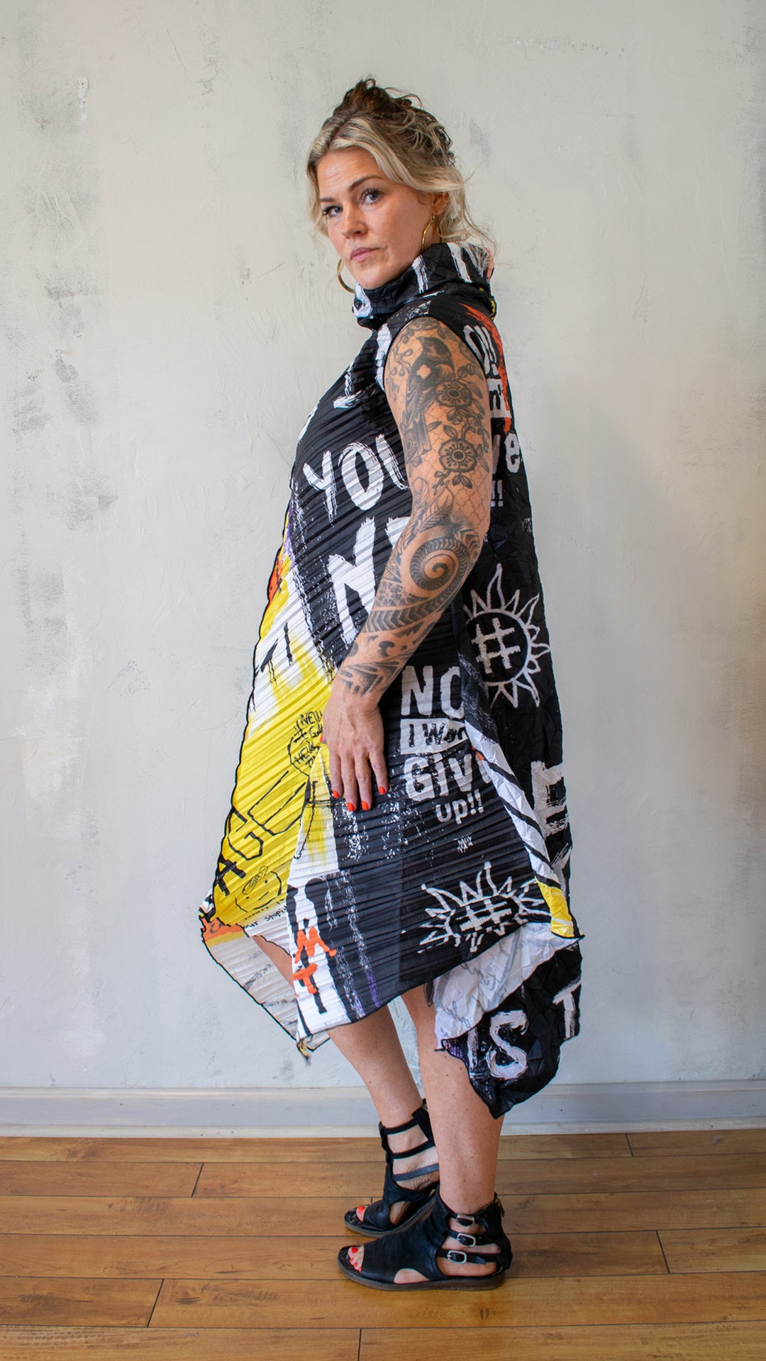 Graffiti Pleat Tunic Dress in White