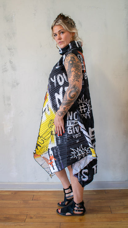 Graffiti Pleat Tunic Dress in White