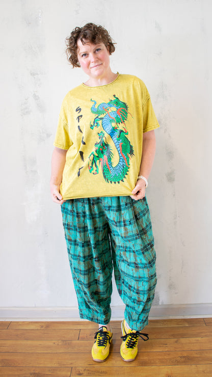 Distressed Tee with Spirit Dragon Print in Chartreuse