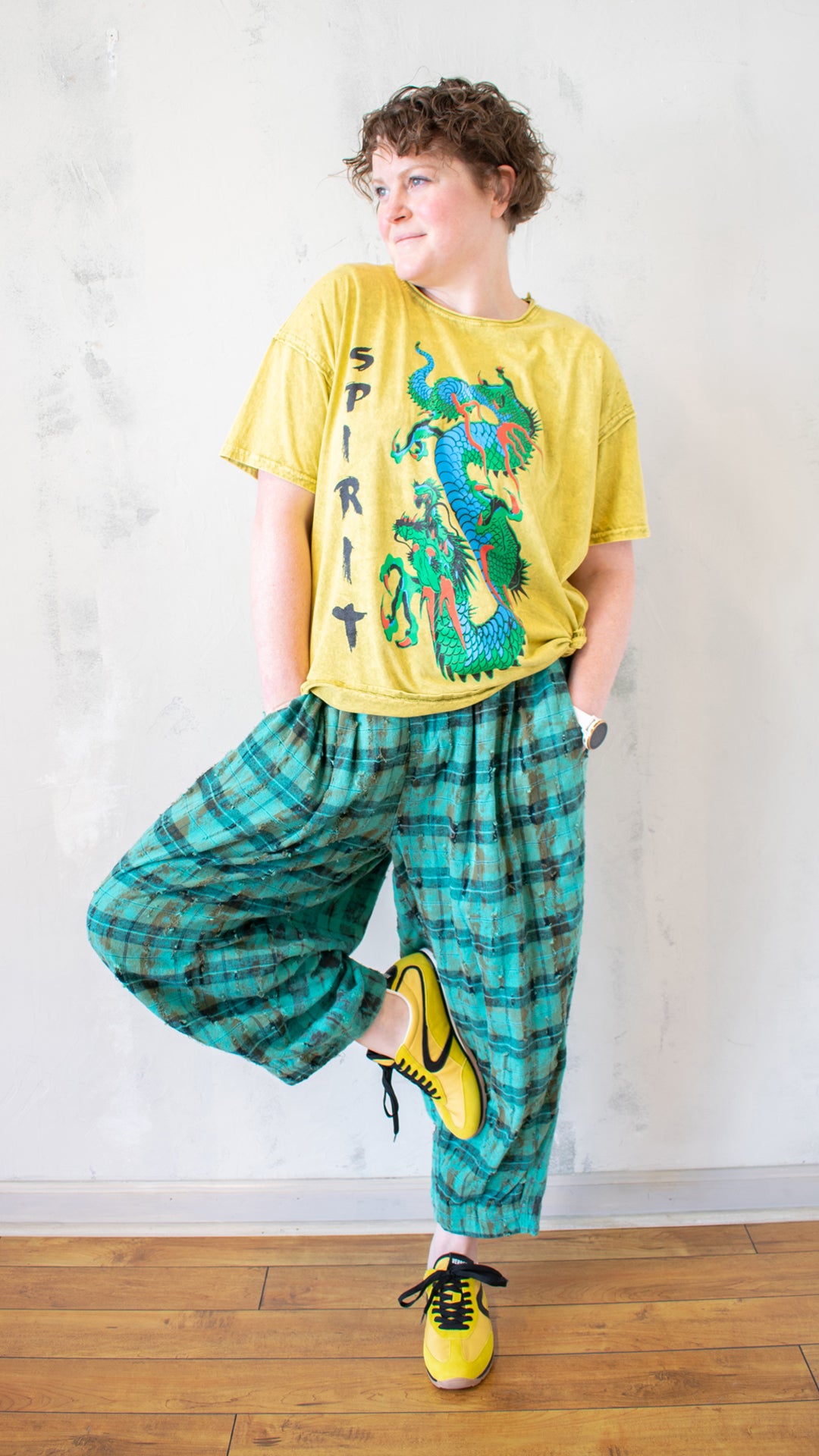 Distressed Tee with Spirit Dragon Print in Chartreuse