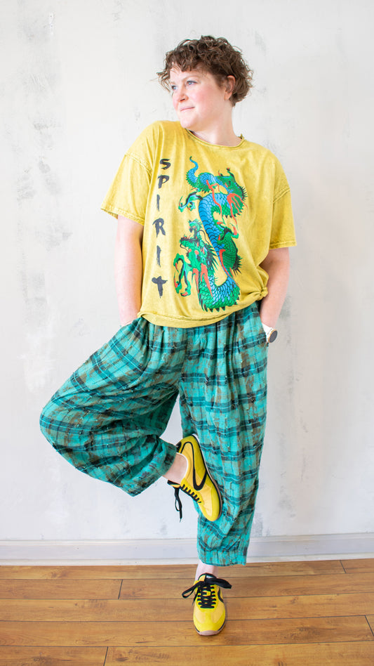 Distressed Tee with Spirit Dragon Print in Chartreuse