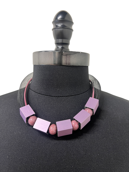 Invisible Mesh Tube Necklace with Lavender Aluminum Cube