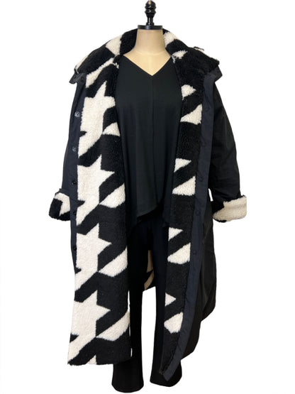 Houndstooth Faux Shearling Lined Coat