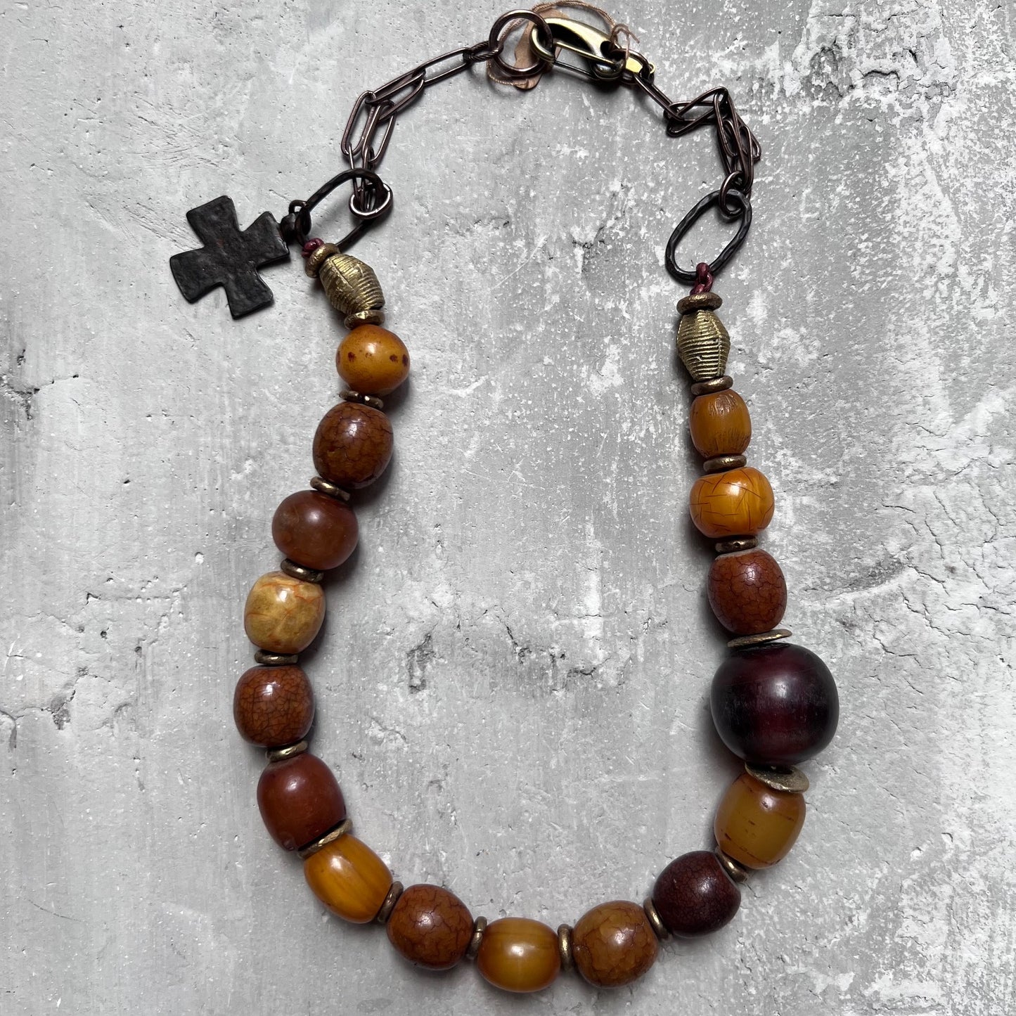 Agate w Buffalo Horn Bead and Coptic Cross