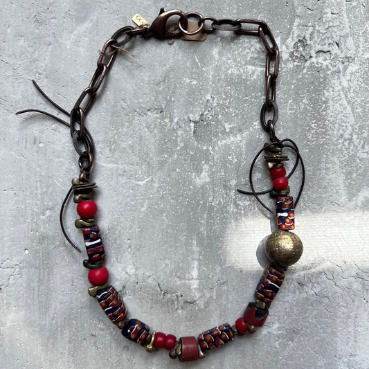 Red and Blue Venetian Trade Beads on Signature Chain