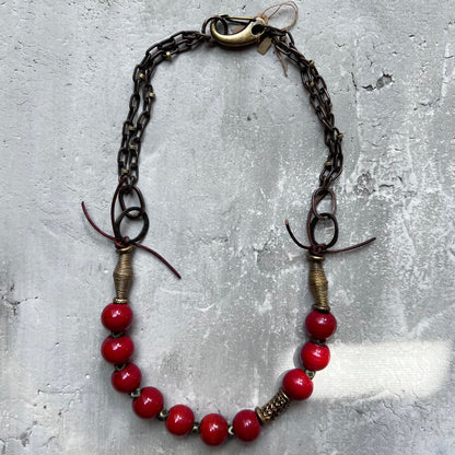 Tomato Red Glass Beads with Handmade Brass Chain