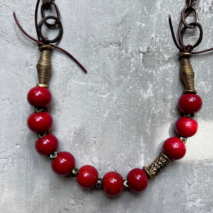 Tomato Red Glass Beads with Handmade Brass Chain