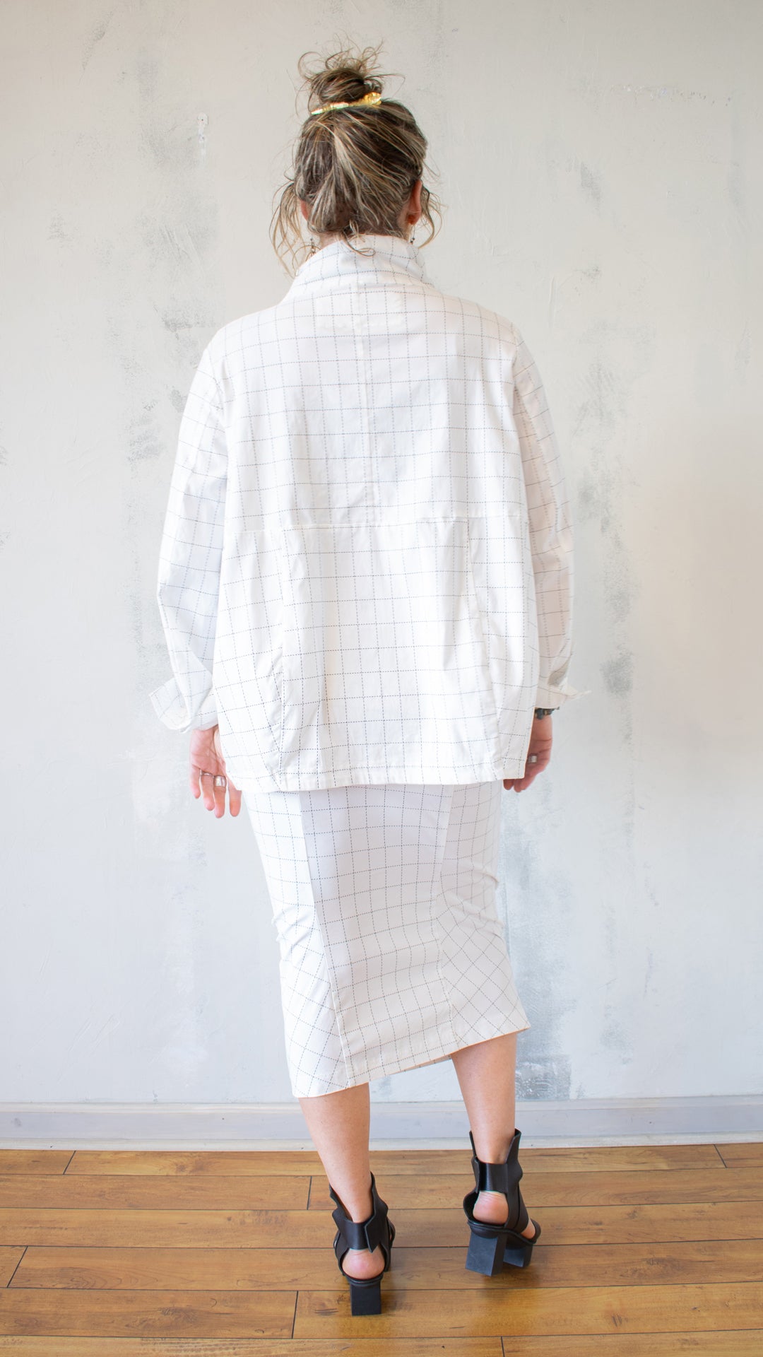 High Neck Check Jacket in White