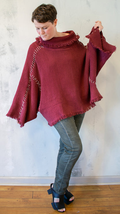 Blanket Stitch Waffle Pullover in Berry