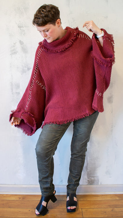 Blanket Stitch Waffle Pullover in Berry