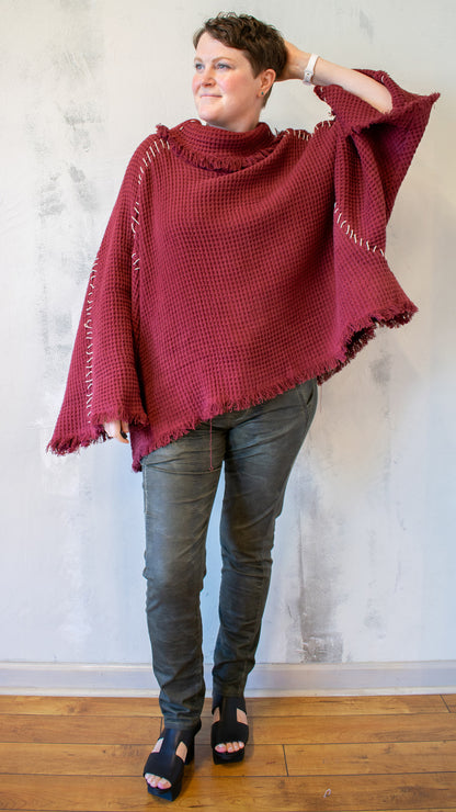 Blanket Stitch Waffle Pullover in Berry
